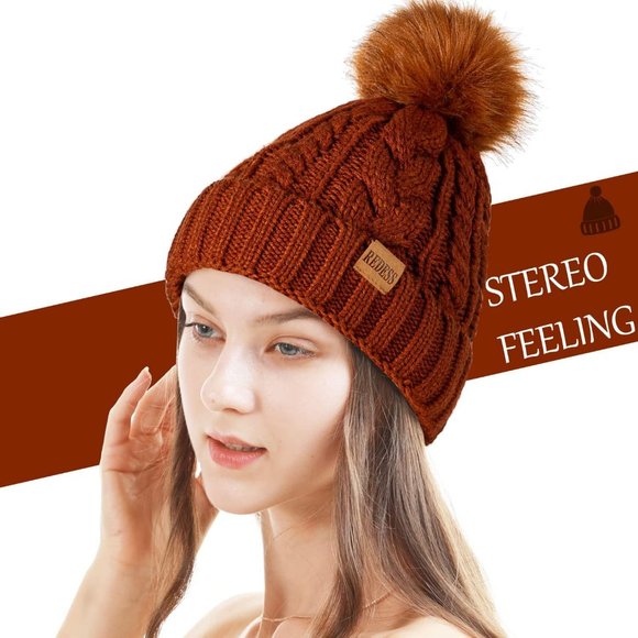 Womens Winter Warm Fleece Lined Knitted Soft Ski Cuff Beanie Hat with Pom Pom - Picture 2 of 8